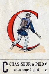 Buchstabe C als Fußjäger. Militäralphabet (ABC oder Abecedarium). Bildmaterial von Epinal, ca. 1870-1880. Schablonenfarbige Holzschnitte. Private Sammlung.
