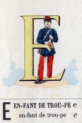 Buchstabe E als Truppenkind. Militäralphabet. Bildmaterial von Epinal, ca. 1870-1880. Schablonenfarbige Holzschnitte.