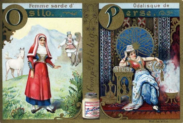 Buchstabe O als sardische Frau von Osilo und P als Odaliske von Persien. Frauenalphabet. Serie von 12 Bildern. Liebig-Werbung