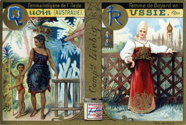 Buchstabe Q als indigene Frau von Quoin Island und R als Bojarenfrau in Russland. Frauenalphabet. Serie von 12 Bildern. Liebig-Werbung