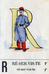 Buchstabe R als Reservist. Militäralphabet. Bild von Epinal, um 1870-1880. Schablonenfarbige Holzschnitte
