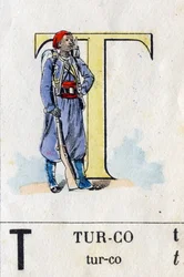 Buchstabe T wie Turco. Militäralphabet. Bild von Epinal, ca. 1870-1880. Schablonierte Holzgravur