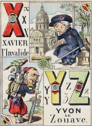 Buchstaben X Y Z: Xavier der Invalide und Yvon der Zuave. Gravur im „Komischen Militäralphabet“. Fünfte Serie. Epinaler Bildgebung. Pellerin & Cie, Drucker, Epinal, Ende des 19. Jahrhunderts. 16 Seiten