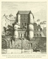 Das Ursins-Hotel, errichtet in der Stadt Paris im 14. Jahrhundert, restauriert im 16. Jahrhundert und heute zerstört, Zustand der Nordfassade Ende des letzten Jahrhunderts