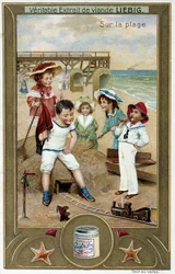 Liebig Chromolithografie Serie „Strandspiel“ von Kindern. 19. Jahrhundert