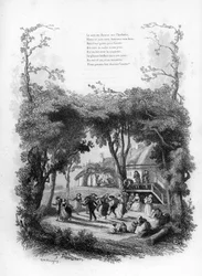 Lied von Lisette. Fest und Tanz in einem Dorf auf dem Land. Gravur in „Chants et chansons populaire de la France“, Band 2