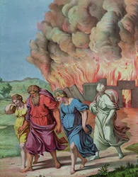 Lots Frau blickt zurück auf Sodom und wird in eine Salzsäule verwandelt, Illustration für einen Katechismus
