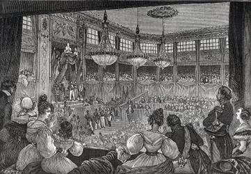 Louis-Philippe I. wird am 9. August 1830 vor der Abgeordnetenkammer als König vereidigt - Revolution von 1830: „König Louis Philippe I. (1773-1850) schwört, die Charta von 1830 in Anwesenheit der versammelten Kammern im provisorischen Saal des Palais zu wa