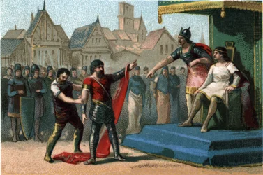 Ludwig I. genannt der Fromme (814-840) wurde von seinen Söhnen degradiert und seiner Kaiserwürde beraubt. Chromolithographie um 1890