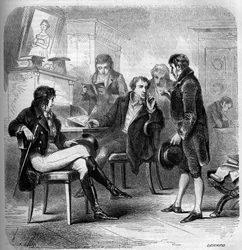 Louis Benoit (Louis-Benoit) Picard (1769-1828), ein französischer Schriftsteller und Komiker, dargestellt in seinem Studio. Gravur von 1858.