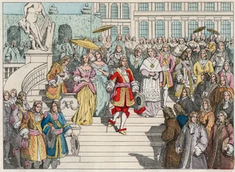 Ludwig XIV. und sein Hof in Versailles - Ludwig XIV. von Frankreich und sein Hof in Versailles - Gravur aus dem Ende des 19. Jahrhunderts in „Nos Gires Nationales - Bilder und Erzählungen“.