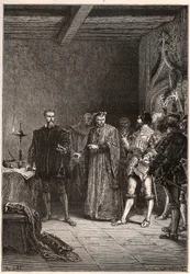 Louis de Berquin (1485-1529), Ritter und Humanist, religiöser Reformer, befreit von Jean de la Barre (1523-1533) Prévôt von Paris - Louis de Berquin (links) aus dem Gefängnis entlassen von Jean de la Barre - Gravur aus „L