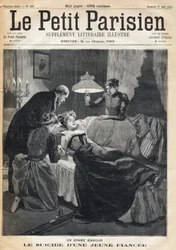 Liebesdrama: Selbstmord einer 17-jährigen Verlobten nach dem Tod ihres Mannes. In der Zeitung Le Petit Parisien am 27.08.1893 (Gravur)