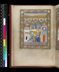 David, zweimal gezeigt, erfährt vom Tod Absaloms, aus dem Psalter und Stundenbuch der Isabella von Frankreich, Paris, ca. 1265-70
