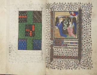MS Widener 4, ff.26v-27r, Wappen und die Verkündigung, aus einem Stundenbuch, Gebrauch von Rennes, ca. 1405