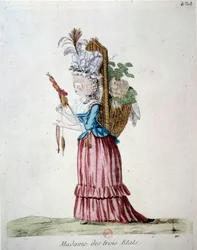 Madame der drei Stände Eine Frau, die elegant gekleidet ist und einen Korb mit Früchten und Gemüse trägt, der die drei Stände zur Zeit der Französischen Revolution darstellt. Gravur von 1789. Bibliothek des Arsenal, Paris