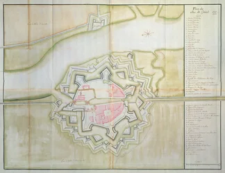 Karte von Sas van Gent, Niederlande, 1747 (Feder, Tinte & Aquarell auf Papier)