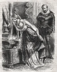 Marguerite de Valois (1553-1615), bekannt als Königin Margot, versteckt ihren Liebhaber Julien de Leris in einem Safe. Ihr Ehemann, König Heinrich IV. von Frankreich (1553-1610), beobachtet die Szene amüsiert. 16. Jahrhundert. Gravur von 1871 in „Histoire 