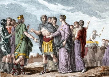 Heirat von Clovis I. (481-511), König der Franken, mit Clotilde (Heilige Clothilde, ca. 475-545) (Königin) im Jahr 493. Gravur aus dem 18. Jahrhundert.