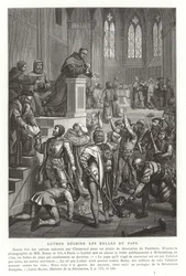 Martin Luther zerreißt päpstliche Bullen, Wittenberg, Deutschland, 1520