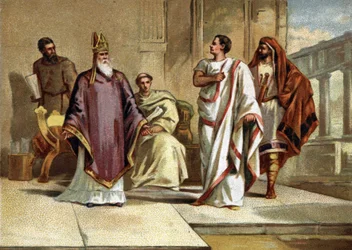 Treffen zwischen Kaiser Flavius Julius Valens (328-378) römischer Kaiser und Sankt Basilius von Cäsarea oder Basilius der Große (330-379), Bischof und Kirchenvater. Chromolithographie aus dem späten 19. Jahrhundert