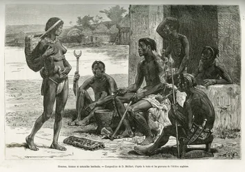 Männer, Frauen und Utensilien (Bihe-Region, Ruanda). Gravur von D. Maillart, zur Illustration der Geschichte, wie ich Afrika überquerte, vom Atlantischen Ozean zum Indischen Ozean, von Major Serpa Pinto, 1877-1878, veröffentlicht in der Tour du monde, unte