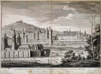 Südansicht der Abtei Saint Germain des Pres und des Louvre im Jahr 1410