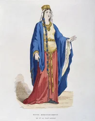 Merowingische Königin, vom 5. bis 8. Jahrhundert, aus Costumes civils et militaires des francais a travers les siecles