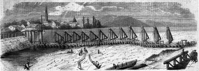 Meteorologisches Phänomen: Austrocknung des Rheins im Jahr 1858. Ansicht der Kehler Brücke (Deutschland), aufgenommen flussabwärts von der französischen Küste. Gravur in „Le Monde Illustré“ Nr. 50 vom 27. März 1858