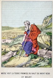 Moses sieht das gelobte Land vom Gipfel des Berges Nebo und stirbt - in „Das Leben des Moses“, hrsg. Olivier Pinot, Epinal, Ende des 19. Jahrhunderts