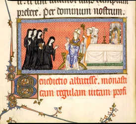 Die Präsentation einer Äbtissin, aus dem Metz Pontifikale, geschrieben für Raymond Bar, Bischof von Metz, 1302-16