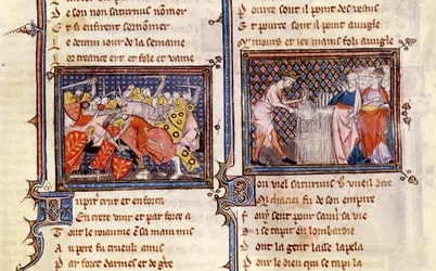 Jupiter gegen Saturn: Saturn lehrt die Langobarden, wie man eine Sichel benutzt, aus Ovide Moralise, geschrieben von Chretien Legouais