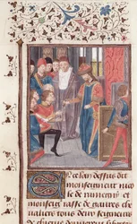 Ms 149 t.3 fol.95v Ernennung von zwei Rittern, aus der Histoire des Nobles Princes de Hainaut, von Jacques de Guise