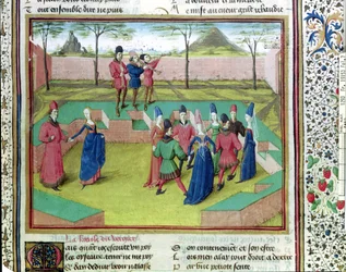 Ms 19153 f.7 Ein Carole im Obstgarten, Illustration aus Le Roman de la Rose von Jean de Meung, um 1460