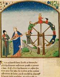Ms 3045 fol.22v Boethius mit dem Rad der Fortuna, aus De Consolatione Philosophiae, übersetzt von Jean de Meung