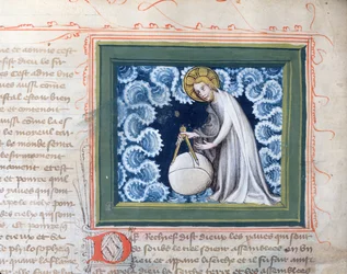 Gott erschafft die Welt, Miniatur aus der Bible des Grands Augustins, 1494