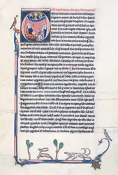 Ms 3458, historiierte Initiale O, die den antiken griechischen Philosophen Aristoteles zeigt, wie er einer Gruppe von Klerikern aus Westeuropa lehrt und nach oben zu Gott im Himmel zeigt (Feder & Tinte und Tempera)