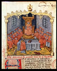 Karl der Kühne (1433-77) Herzog von Burgund und die Ritter des Ordens vom Goldenen Vlies, aus der Geschichte des Goldenen Vlieses von Guillaume Filastre, Mitte 15. Jahrhundert