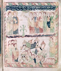 Ms 386 fol.25r Engel mit Trompeten und die Erde bebt, aus der Apokalypse des St. Johannes