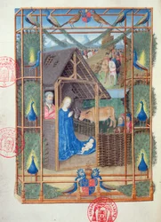 Ms. 473, Die Geburt Christi mit Pfauen, Miniatur aus den „Heures de Charles de France“, um 1466-69