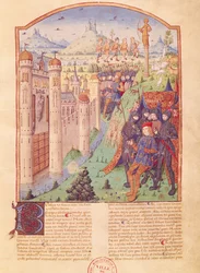 Die Werke von Virgil mit Kommentar von Servius, Die Bukolik, König auf seinem Thron umgeben von seinen Wachen vor einer befestigten Stadt, Frankreich, 1469