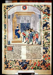 Ms 5064 fol.1r Der Autor überreicht sein Buch den Bauern, aus Livre des Prouffitz Champestres von Pietro de Crescenzi
