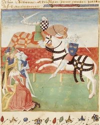 Ms 527 fol.40v Konfrontation von zwei Rittern vor dem König, aus Roman du Saint Graal