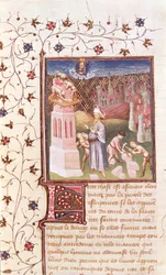 Nimrod überwacht den Bau des Turms von Babel, aus La Cite de Dieu von St. Augustine, übersetzt von Raoul de Presles (1316-82) ca. 1400-50