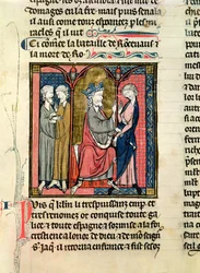 Karl der Große (742-814) sendet Ganelon zu den saragossanischen Königen Marsile und Baligant, aus den Chroniken von Saint-Denis, ca. 1275