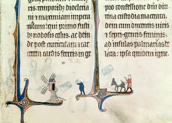 Ms 838 fol.55 Ein Mann, der seinen Esel mit Säcken Weizen zu einer Windmühle treibt, aus dem Obituaire de Notre Dame de Pres, nach 1270