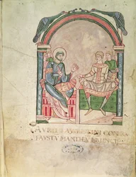 Ms 90 St. Augustinus streitet mit Faustus in Anwesenheit ihrer Schüler, Frontispiz aus Saint Augustin Contre Faustus