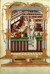Ms Fr 1537 Christus der Apotheker mit Adam und Eva, aus Chants royaux sur la Conception couronnee du Puy de Rouen