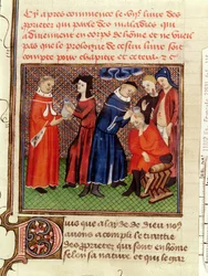 Ms Fr 22531 Fol.115 Die Urinuntersuchung und die Heilung von Wunden, aus Le Livre des Proprietes des Choses von Barthelemy l