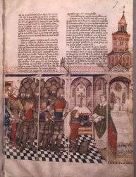 Ms Fr 343 fol. 7 Die Suche nach dem Heiligen Gral und Arthurs Tod, Ritter, der den Eid ablegt
